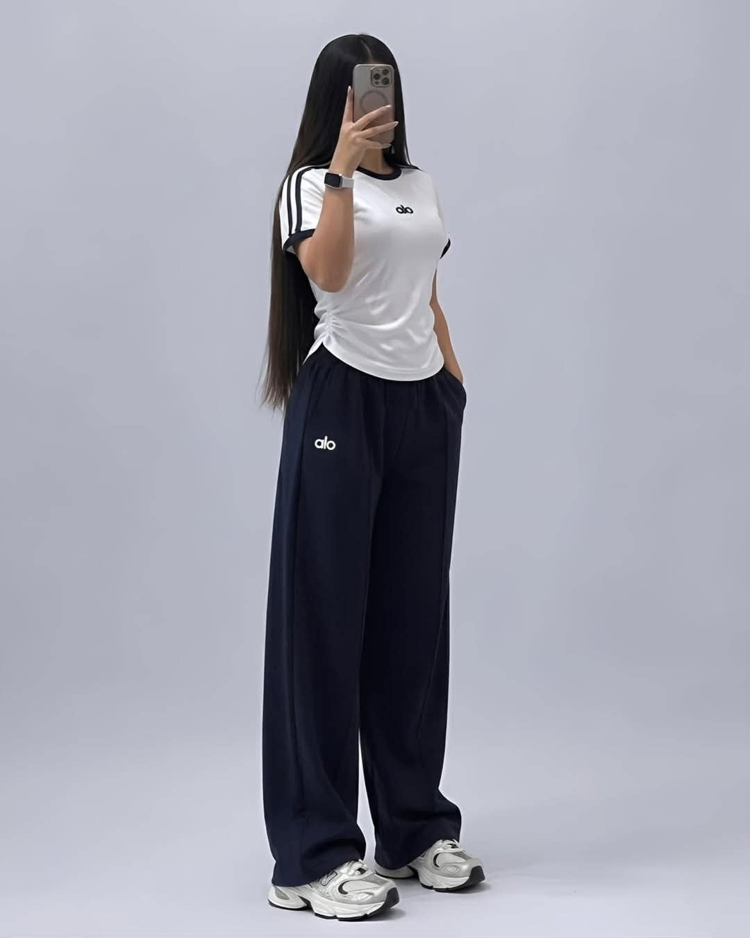 Navy wide-leg pants and white sleeveless top co-ord set with triple stripe detail