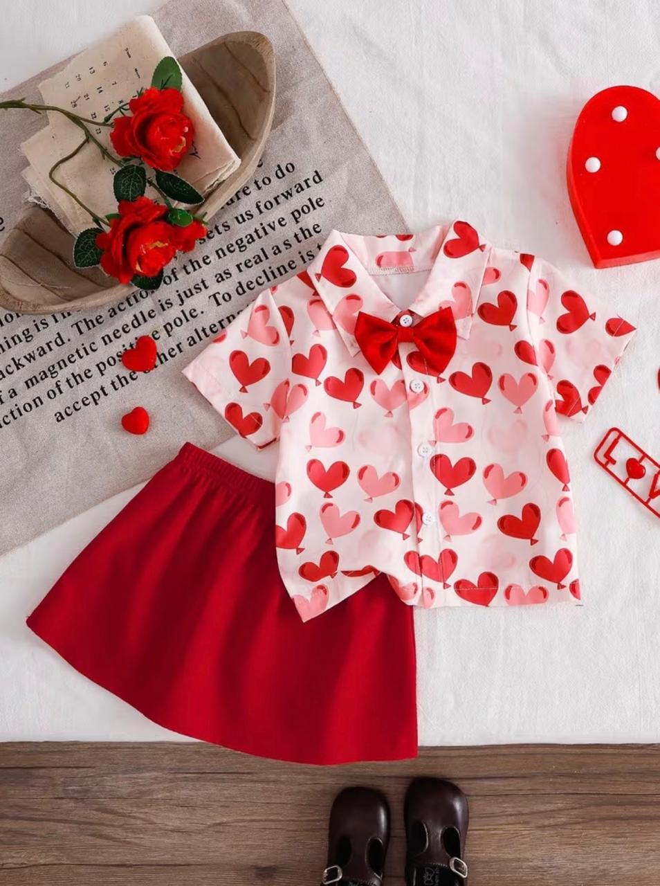 Girls heart-print top with bow and flared red skirt set