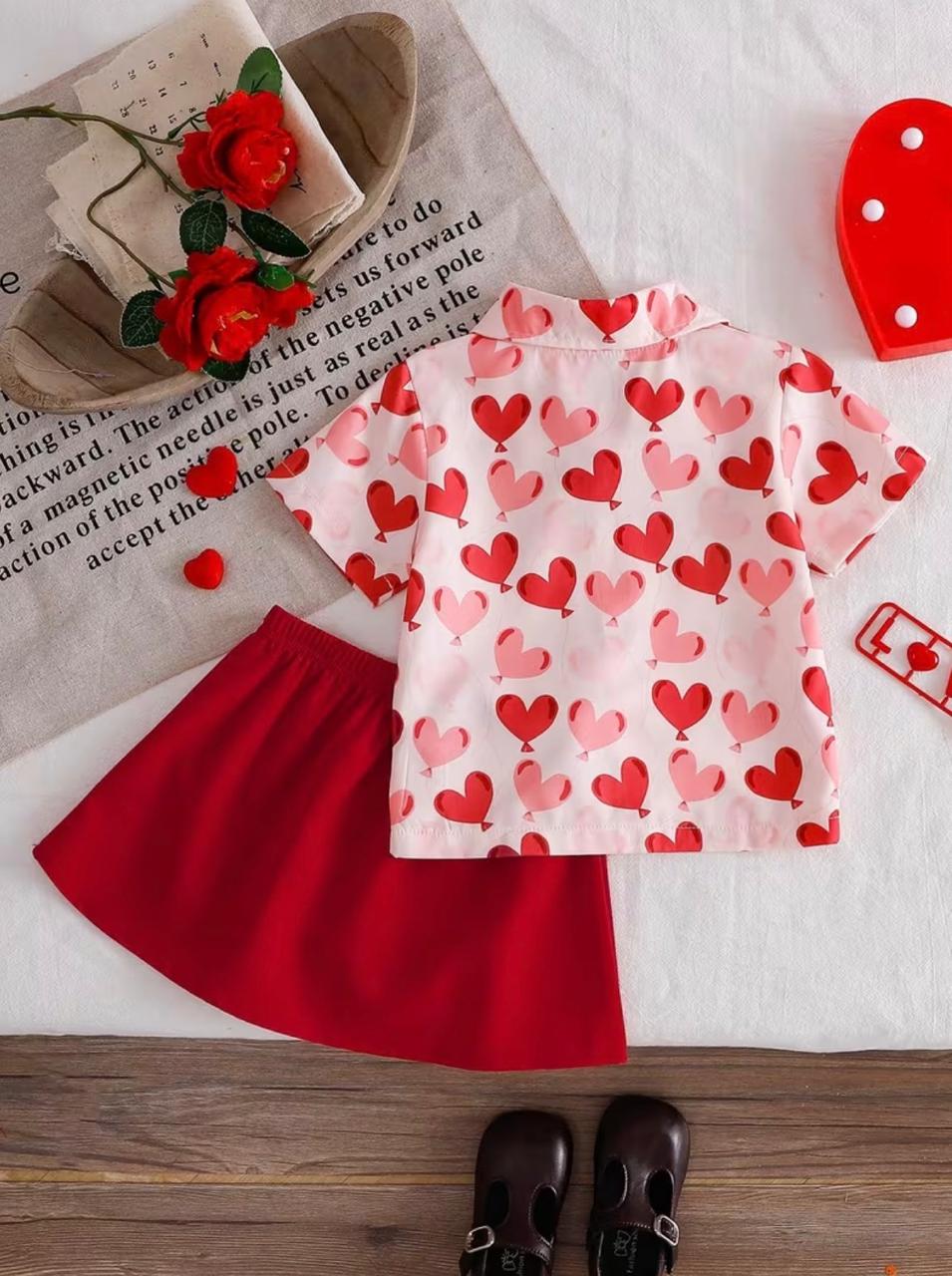 Girls heart-print ruffle top with bow and red skirt outfit
