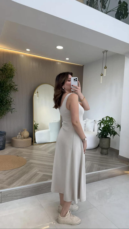 Layered maxi dress set in light stone, sleeveless, A-line hem and midi length skirt