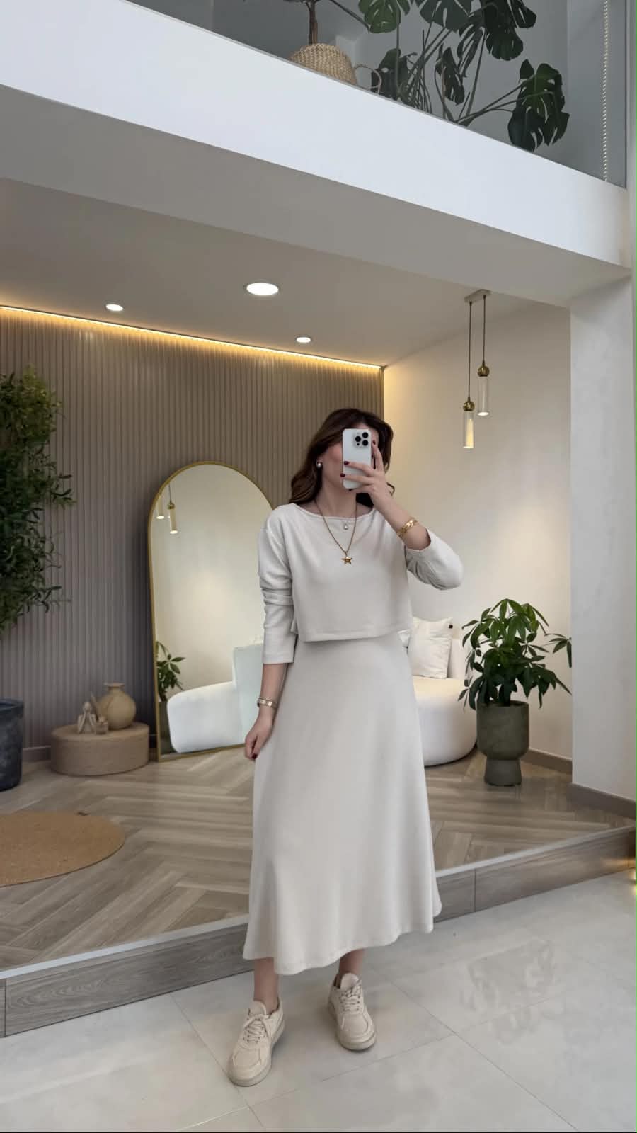 Layered maxi dress set in light stone, long sleeves with midi A-line skirt