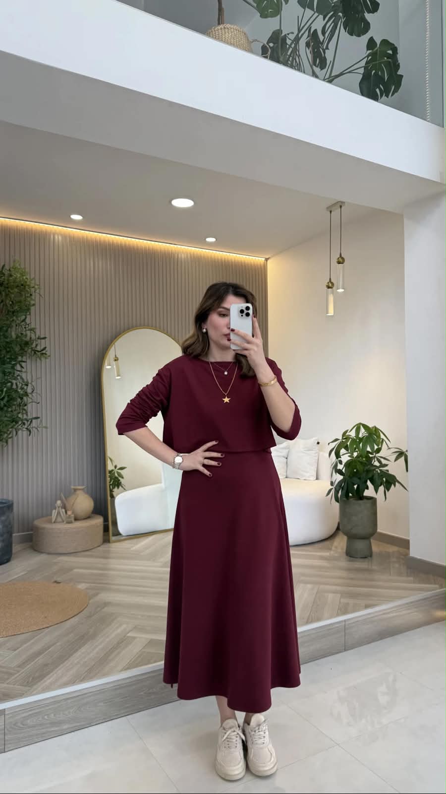 Layered maxi dress set in maroon, long sleeves and midi A-line skirt