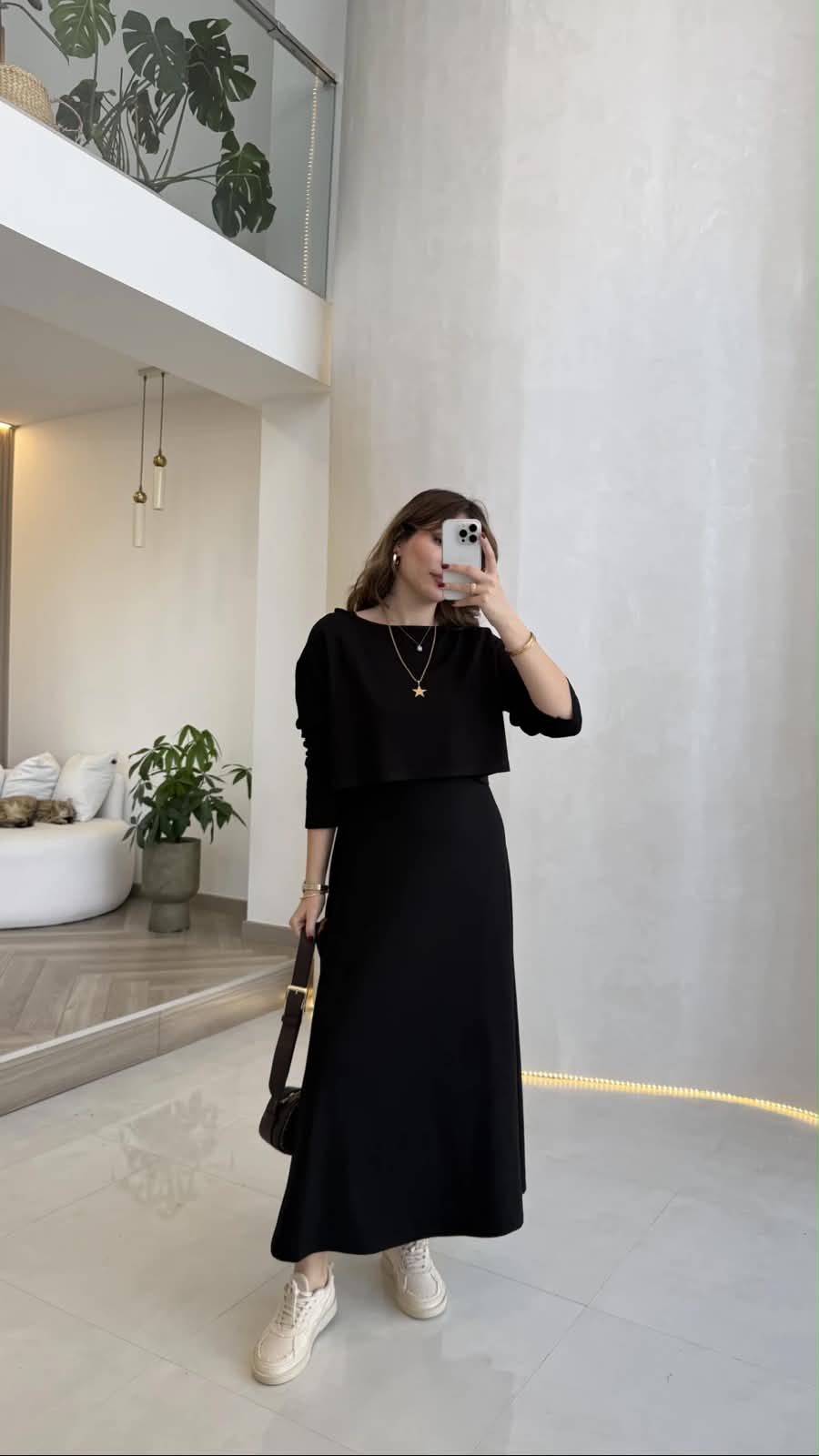 Layered maxi dress set in black, long sleeves and midi A-line skirt with necklace
