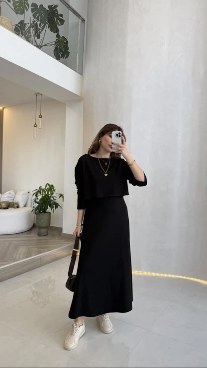 Layered maxi dress set in black, long sleeves and midi A-line skirt with necklace