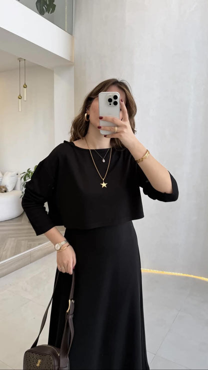 Layered maxi dress set in black, 3/4 sleeves and midi A-line skirt with necklace