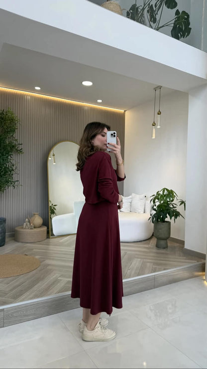 Maroon layered maxi dress set with waist tie and flowing full-length skirt