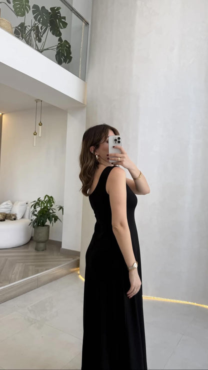 Black layered maxi dress set, sleeveless scoop neck, full-length A-line skirt