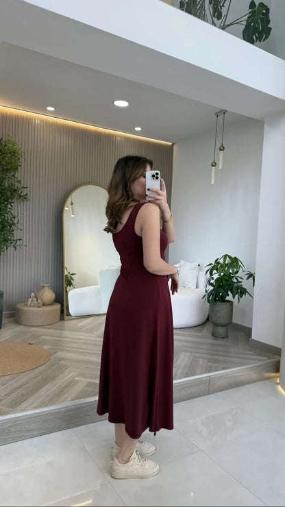 Brown layered maxi dress set, sleeveless scoop neck, full-length A-line skirt