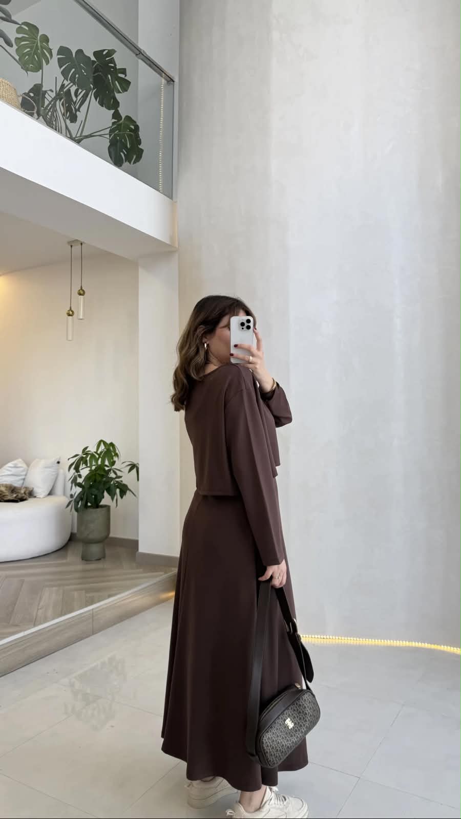 Brown layered maxi dress set with short sleeves and draped A-line skirt