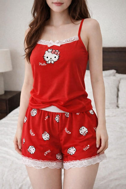 Red cami and shorts set with lace trim, Hello Kitty graphic and border print
