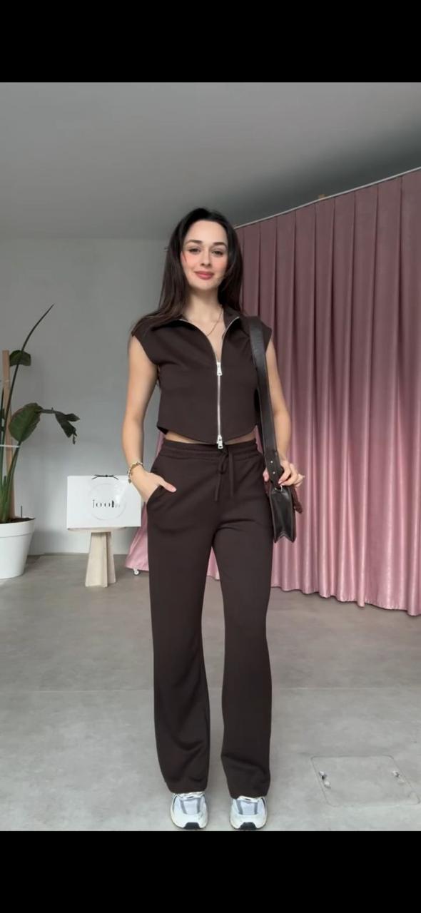 Brown zip-front sleeveless top and wide-leg pants co-ord set