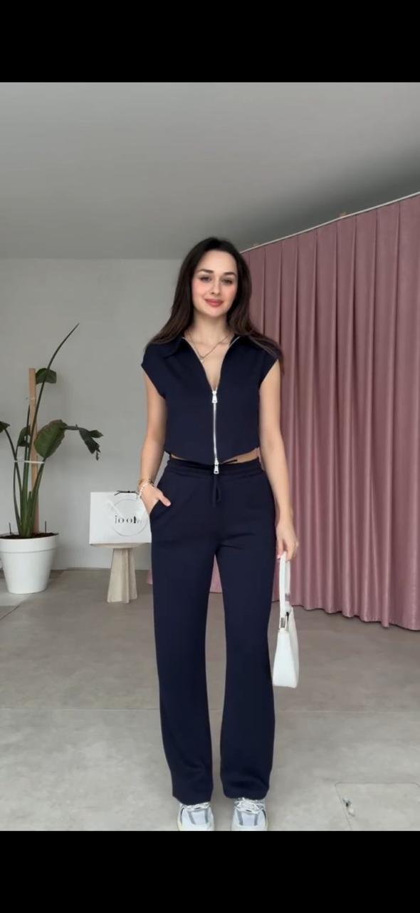Navy zip-front sleeveless top and wide-leg pants co-ord set