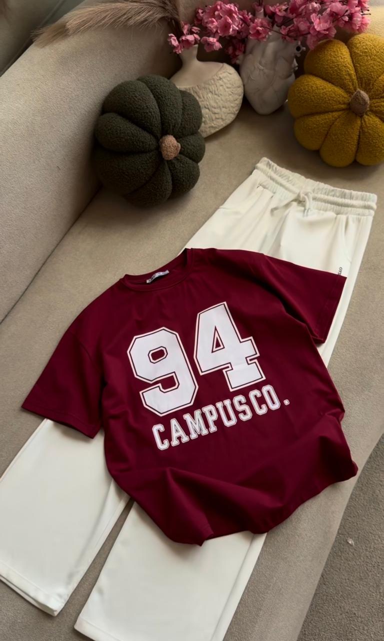 Maroon graphic T-shirt and light pants co-ord set, embroidered 94 front