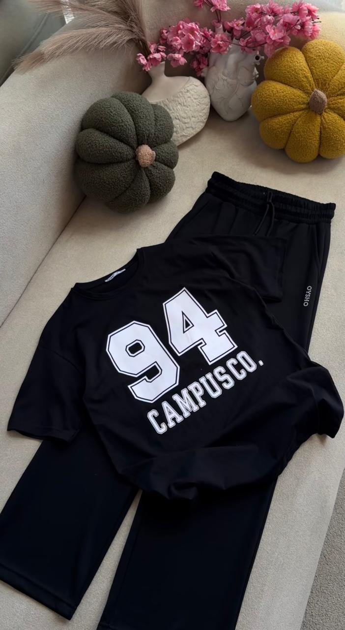 Black co-ord set with 94 Campusco printed T-shirt and matching drawstring pants