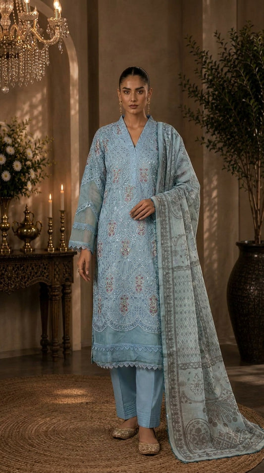 Light blue embroidered 3-piece suit, front view with V-neck kurta, pants, and dupatta