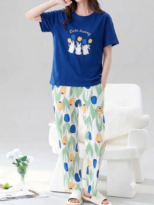 Bunny Bloom lounge set with navy graphic T-shirt and long pajama pants in tulip print