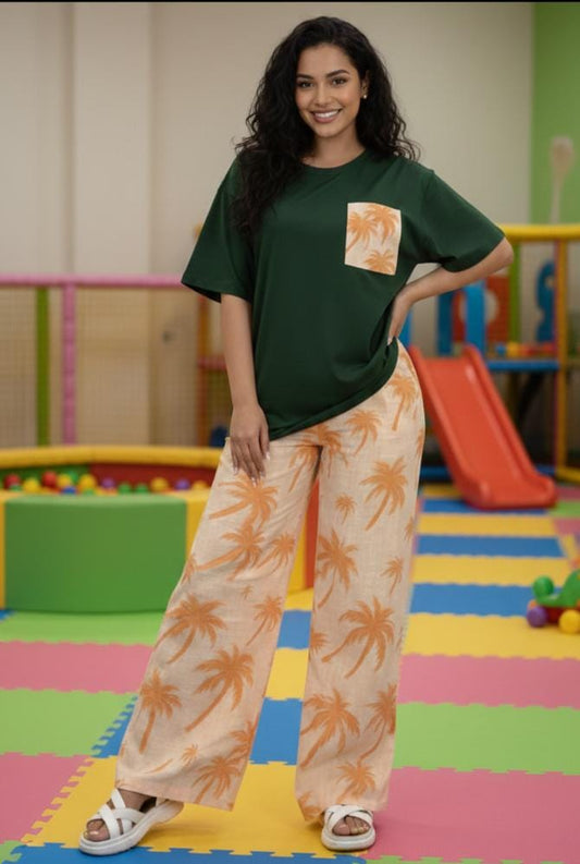 Forest palm co-ord set: dark green short-sleeve tee with pocket, cream wide-leg pants