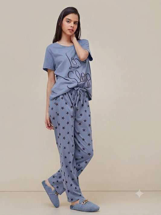 Women's blue graphic T-shirt and star-print pajama pants lounge set