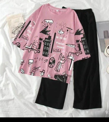Pink graphic lounge top and black shorts, two-piece set