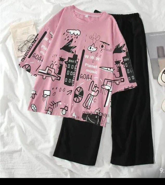 Pink graphic lounge top and black shorts, two-piece set