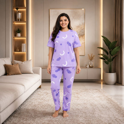 Lavender lounge set with short-sleeve top and matching pajama pants, moon print
