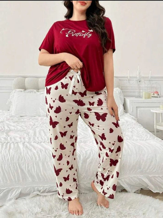 Maroon cotton night set with butterfly graphic T-shirt and white pajama pants