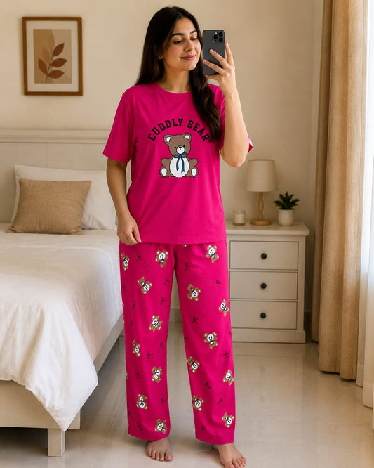 Hot pink teddy-print pajama set with short-sleeve top and matching wide-leg pants