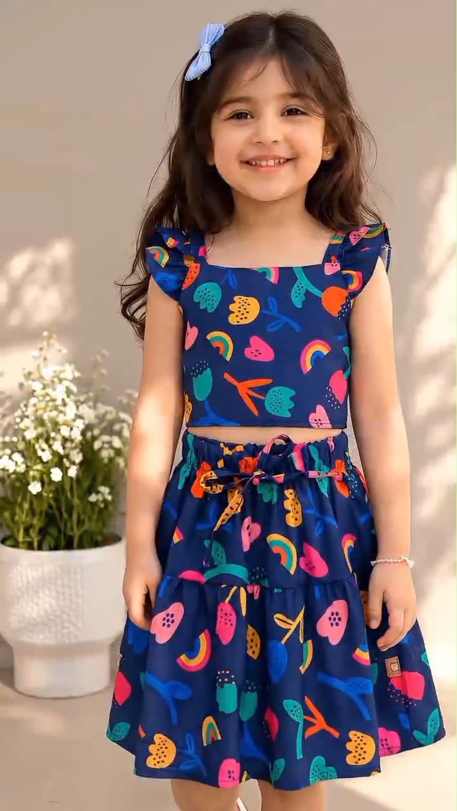 Kids' blue fruit-print skater skirt with tied waist bow and ruffled shoulder straps