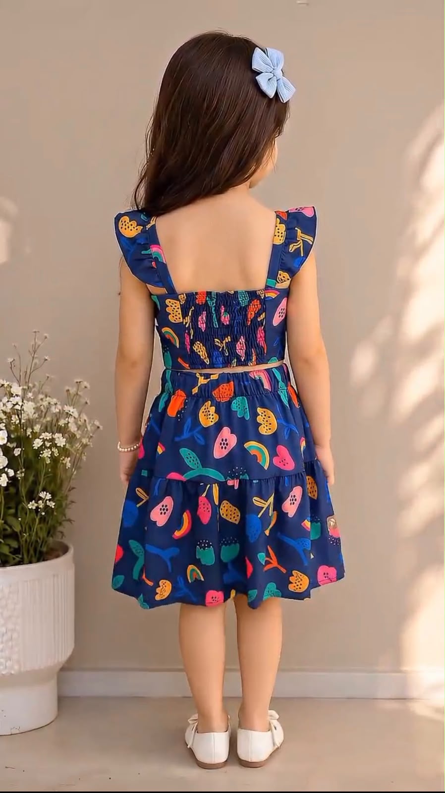 Back view of kids' blue fruit-print skater skirt with ruffled straps and tied waist bow