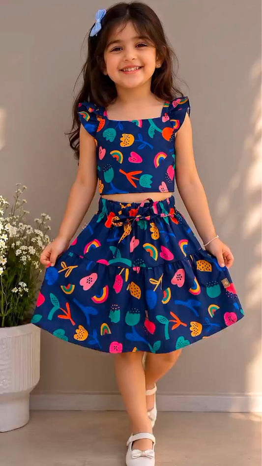 Kids' blue fruit-print skater skirt with tied waist bow and ruffled shoulder straps
