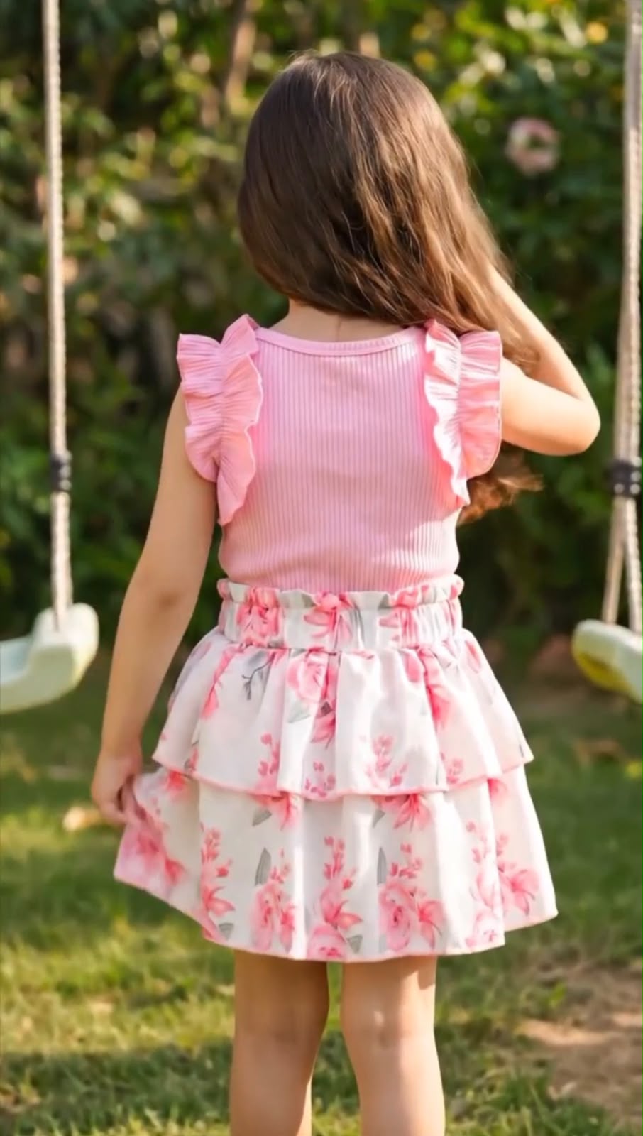 Girls' pink ruffle sleeve top and layered floral skirt outfit, back view