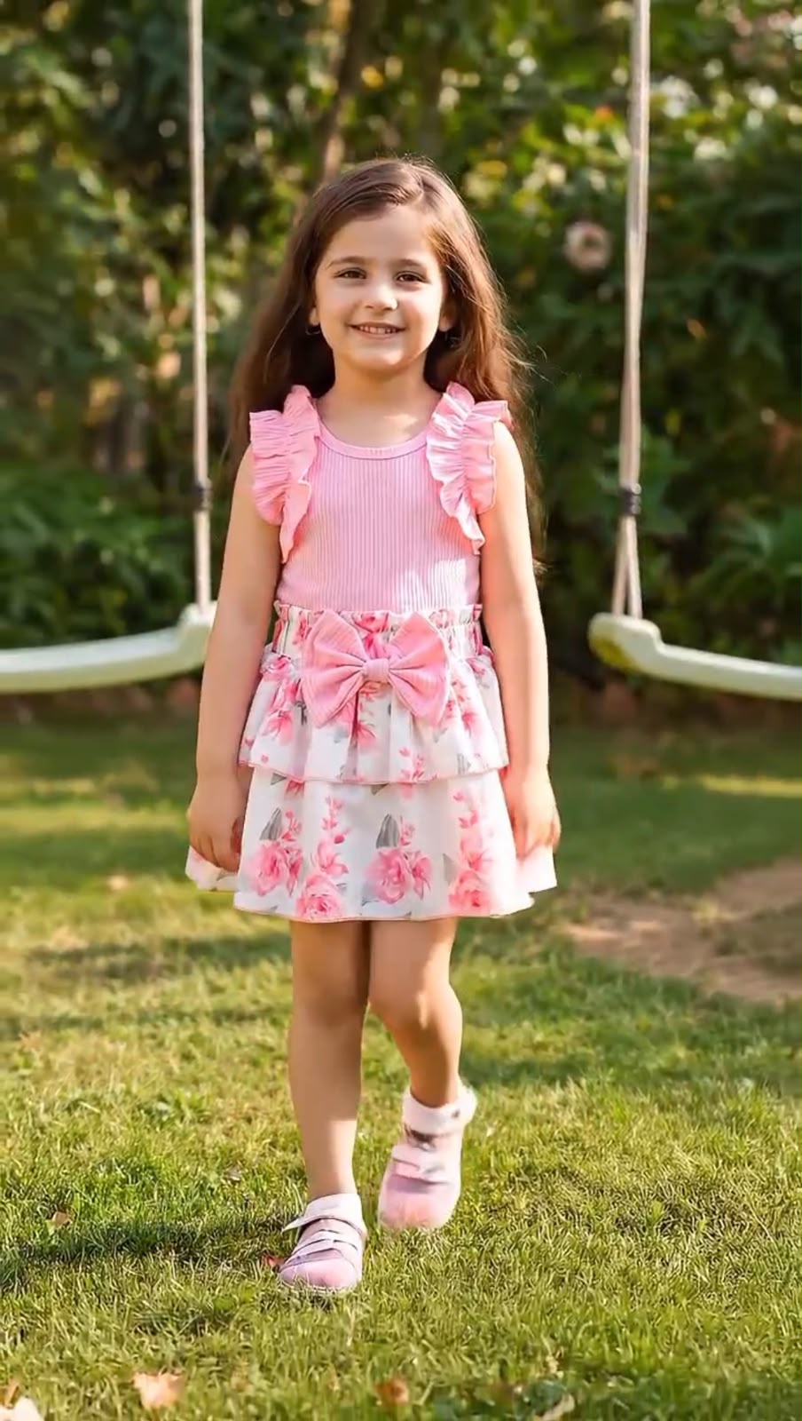 Girls' pink sleeveless ruffle dress with floral tiered skirt, front view