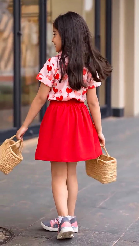 Girls heart-print top and red skirt outfit, short sleeves with gathered waist