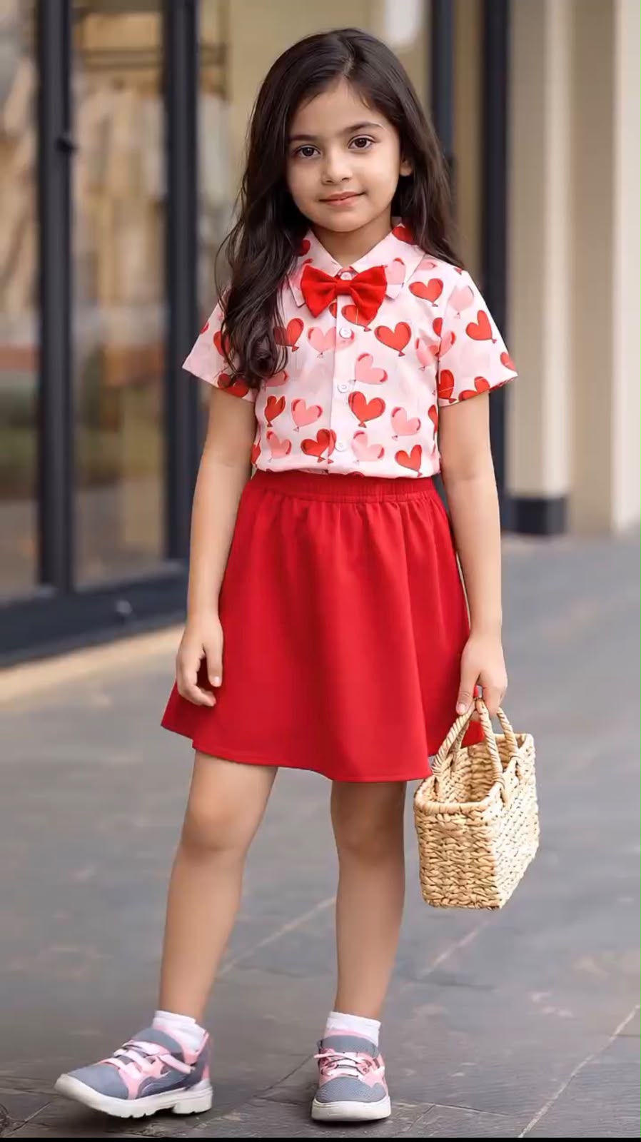 Girls heart-print top and red skirt outfit, short sleeves and gathered waist