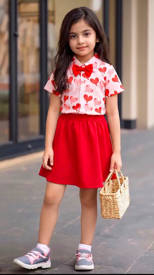 Girls heart-print top and red skirt outfit, short sleeves and gathered waist