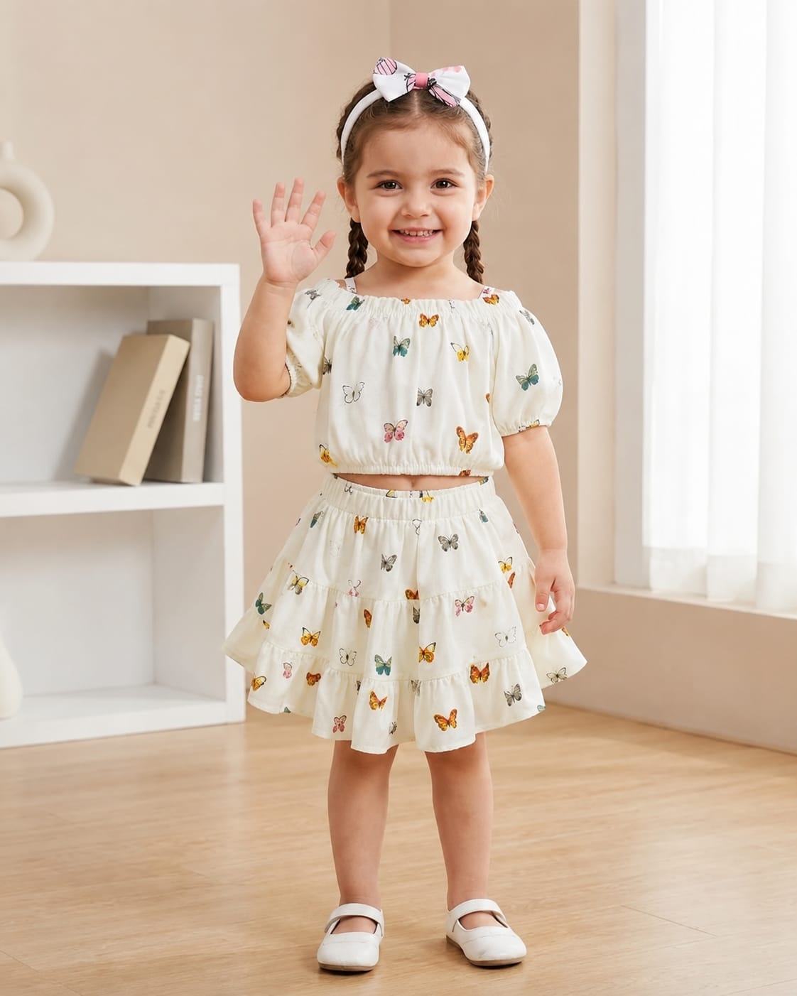 Girls off-shoulder butterfly print top and ruffle hem skirt set