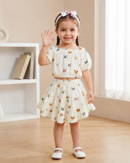 Girls off-shoulder butterfly print top and ruffle hem skirt set