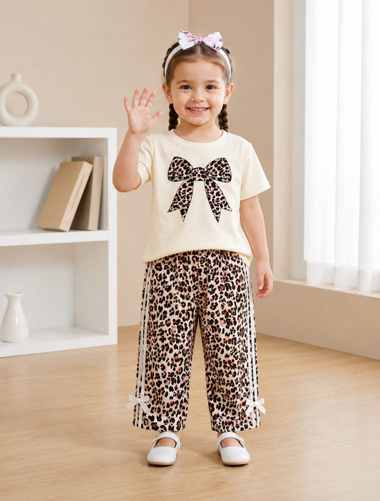 Girls leopard-print co-ord set with bow-tie top and matching wide-leg pants