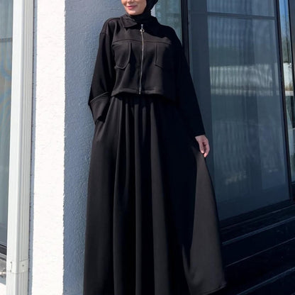 2 Pcs Long Maxi Winter Outfit With Upper Fleece Jacket