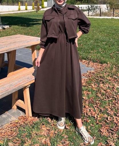 2 Pcs Long Maxi Winter Outfit With Upper Fleece Jacket