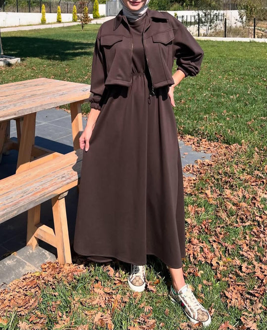 Dark brown long maxi dress with zip-up upper fleece jacket, chest pockets and belt tie