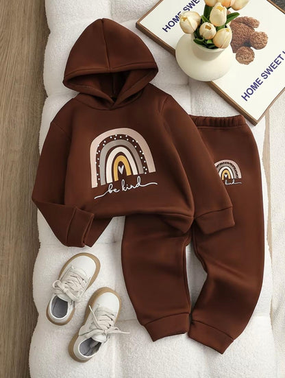 Brown hoodie and jogger set with rainbow graphic, front view