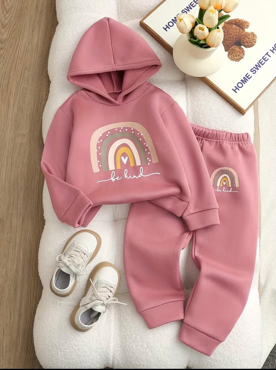 Be Kind hoodie set in dusty rose with rainbow graphic on front and matching joggers