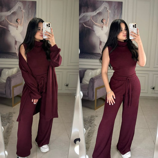 Maroon sleeveless jumpsuit set with tie waist and matching open-front cardigan, wrap detail
