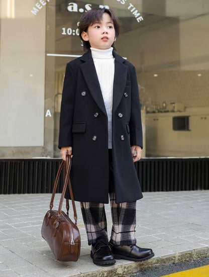 Vintage black trench coat with double-breasted buttons, flap pockets, side view