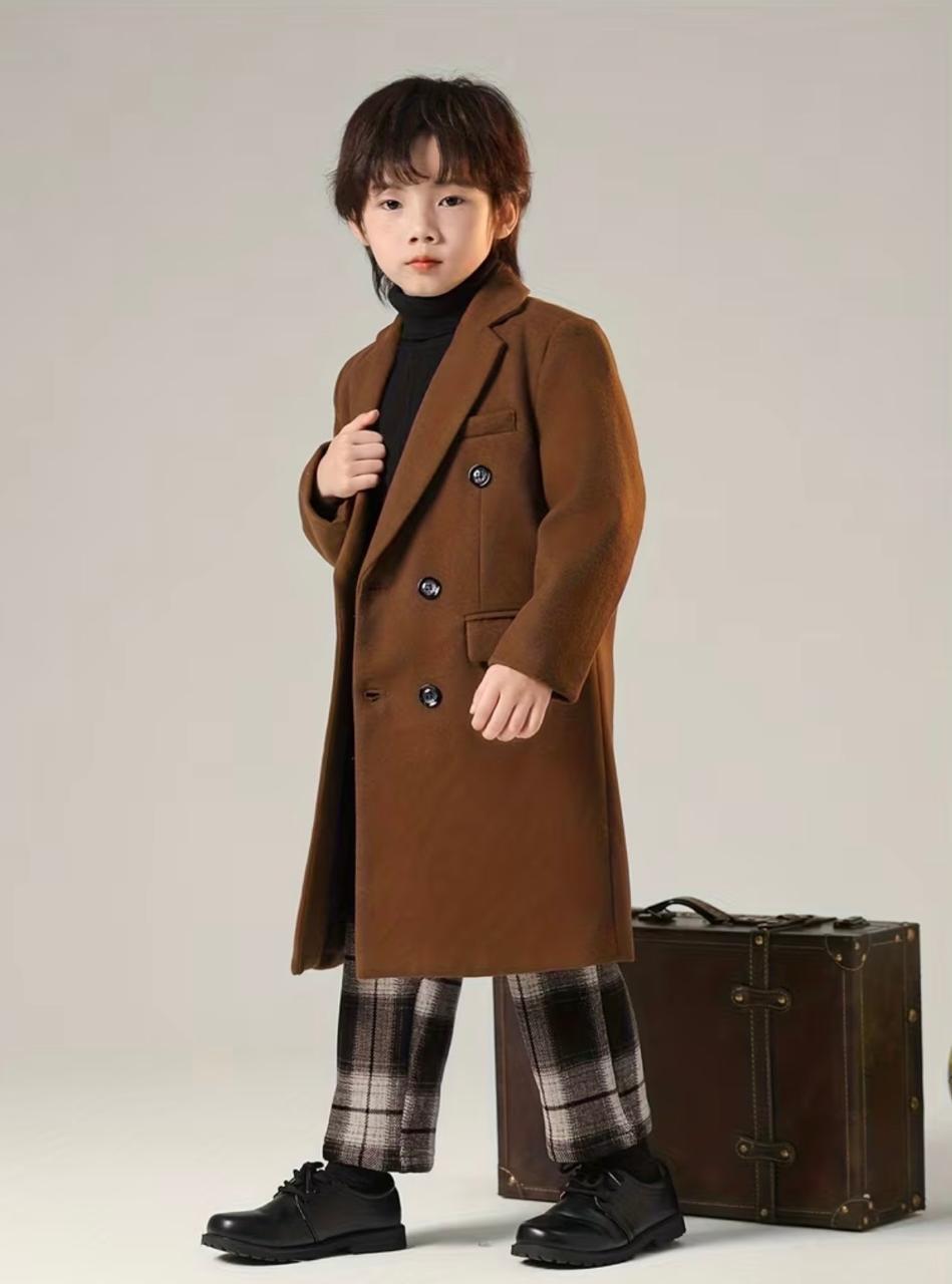 Brown trench coat with notched collar, double-breasted buttons, and long sleeves