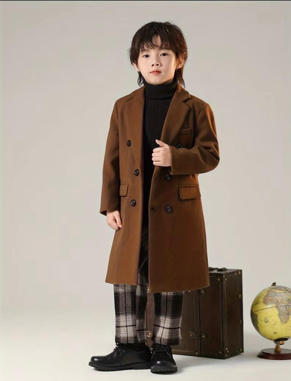 Brown double-breasted trench coat with notched lapels and front button closures