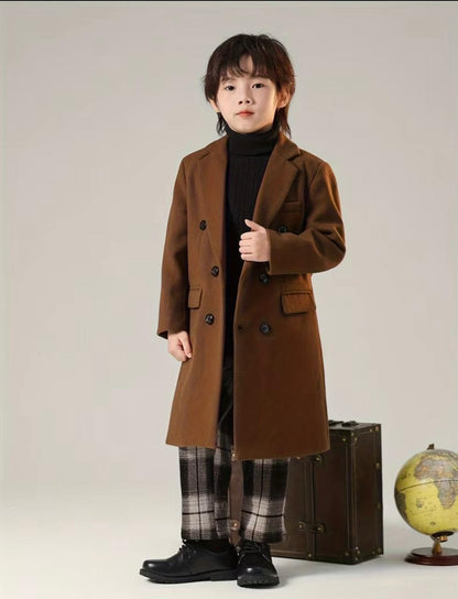 Brown double-breasted trench coat with notched lapels and front button closures