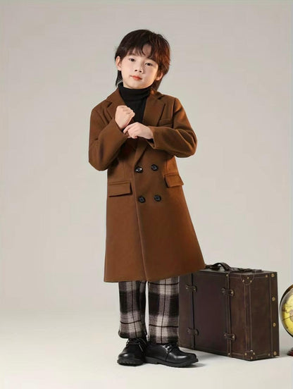 Brown trench coat with notched lapels, buttoned front, and structured shoulders