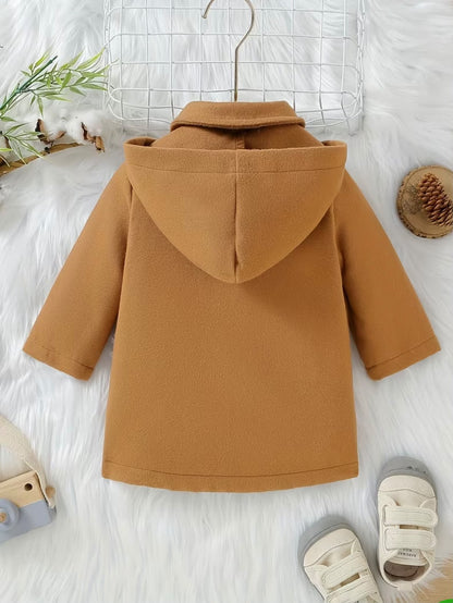 Camel hooded coat, back view with full hood and long sleeves